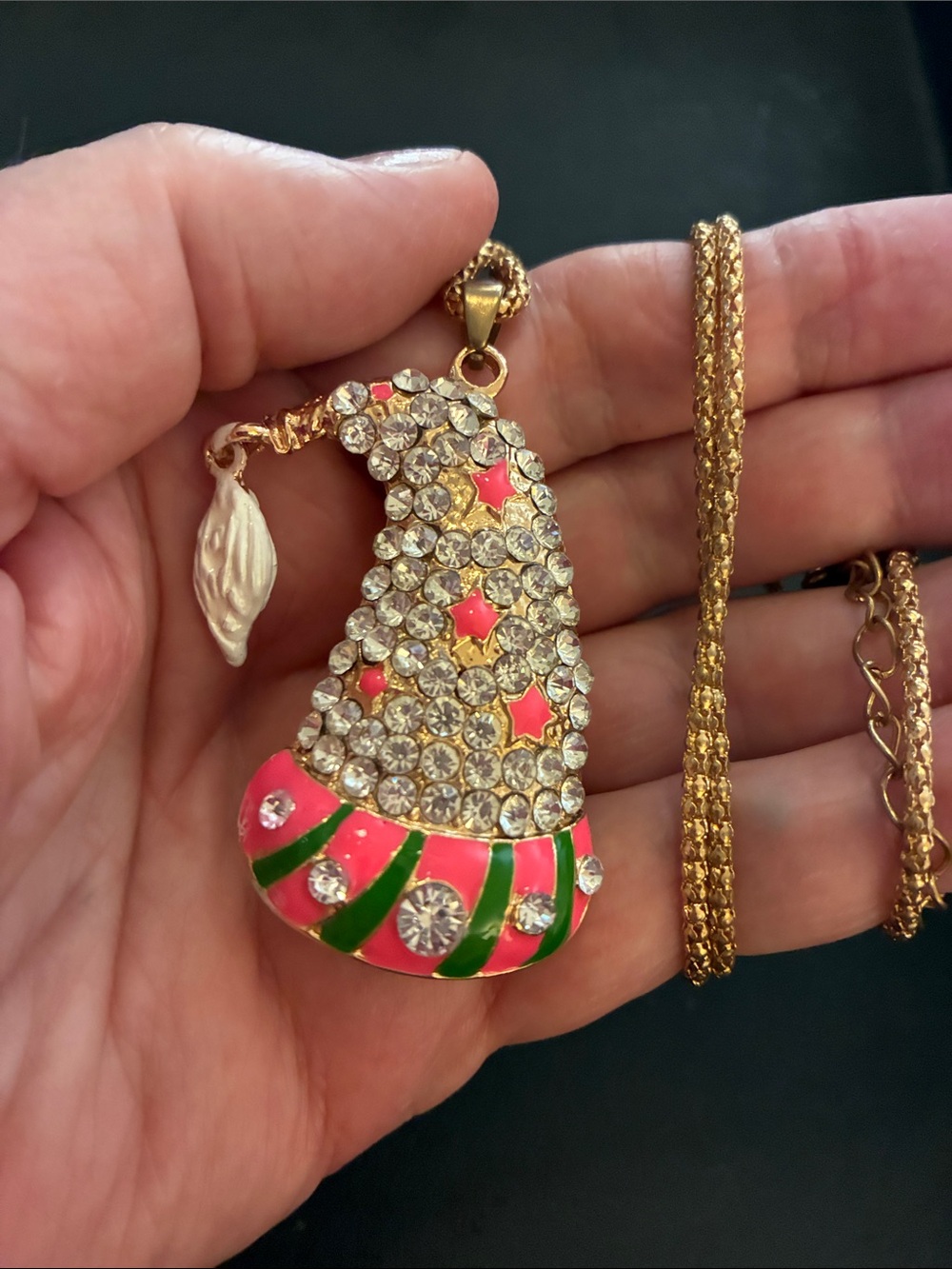 Gold-Tone Pink & Green Pave Crystal Santa’s Helpers Hat Pendant Necklace